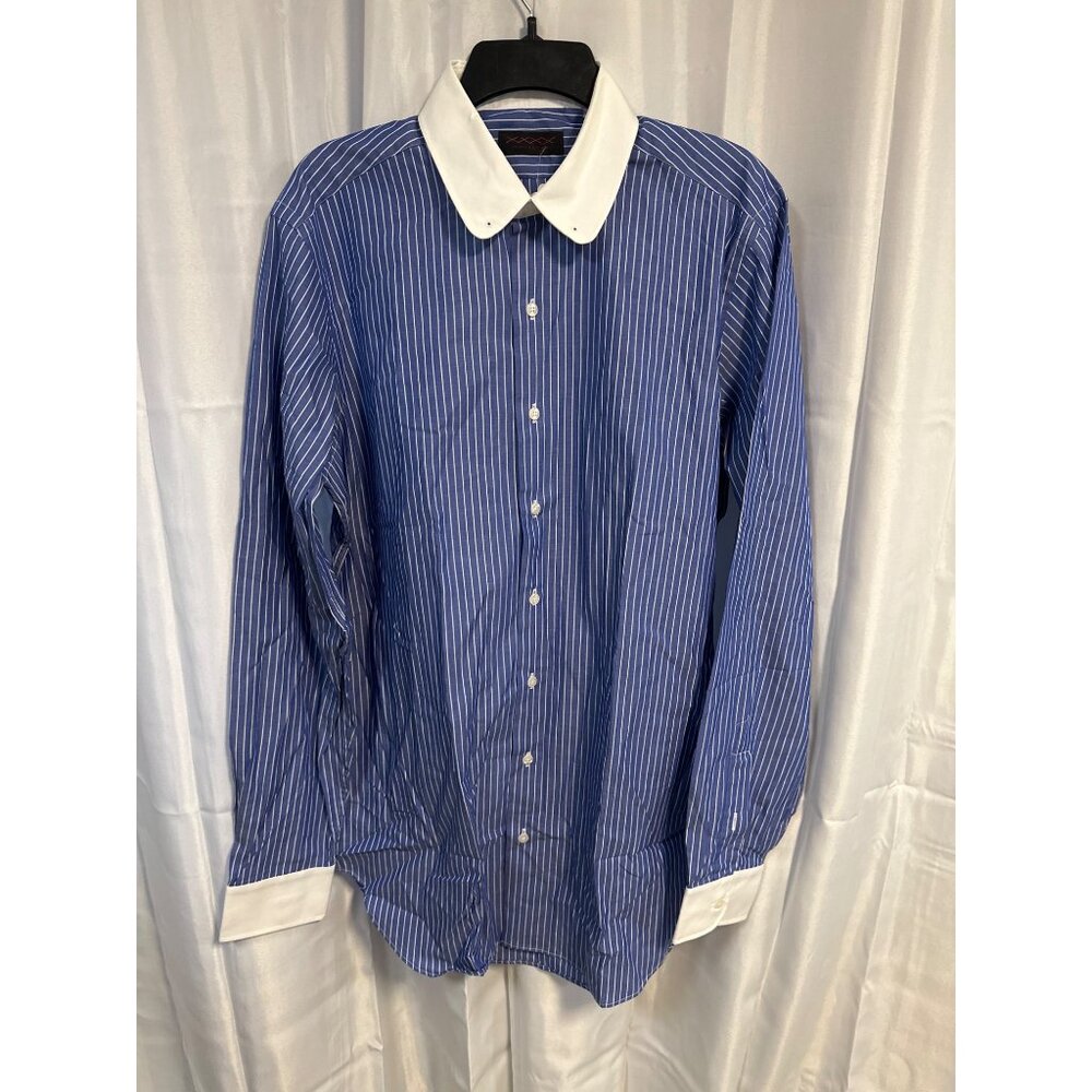 Stitched Shirt Men's  Twenties Blue Striped Collared Dress Shirt Size 16 Made In